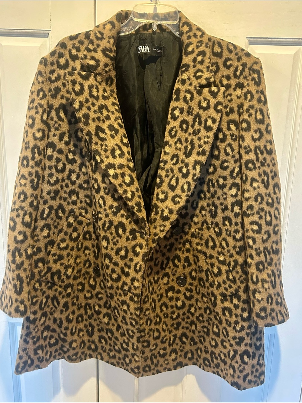 Zara Leopard Print Pea Coat in Tan and Black